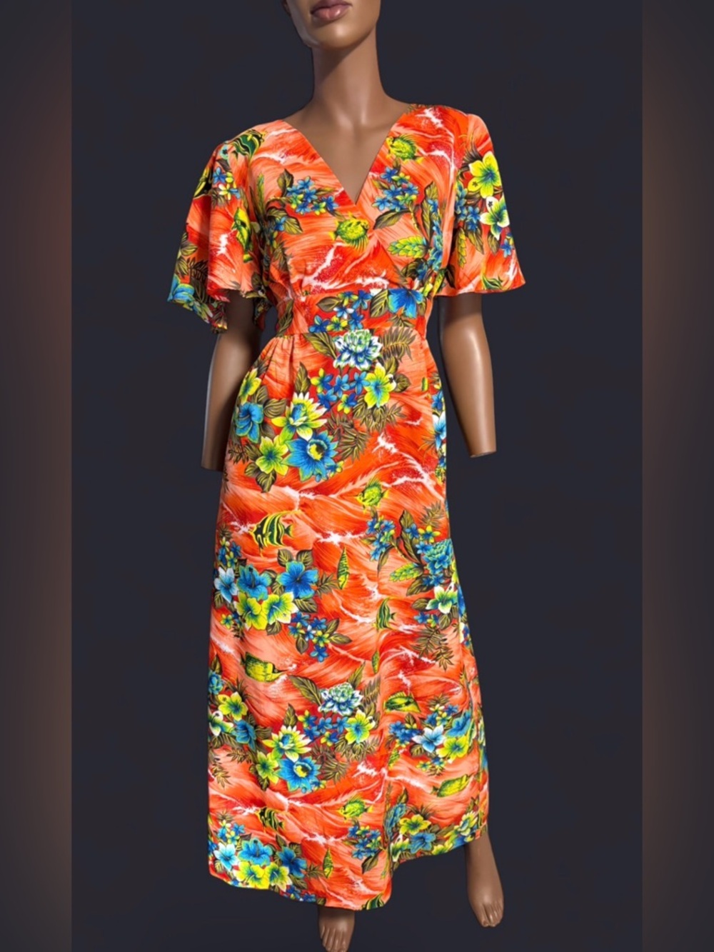 Vintage 1970s Hawaiian Floral Maxi Dress With Butterfly Wing Sleeves!